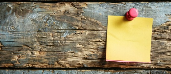 Wooden background with a blank yellow and pink sticky note paper pinned by a wooden thumbtack, creating a copy space image.