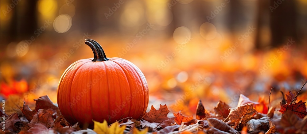 Poster a pumpkin rests on colorful autumn leaves with a blank space for an image.