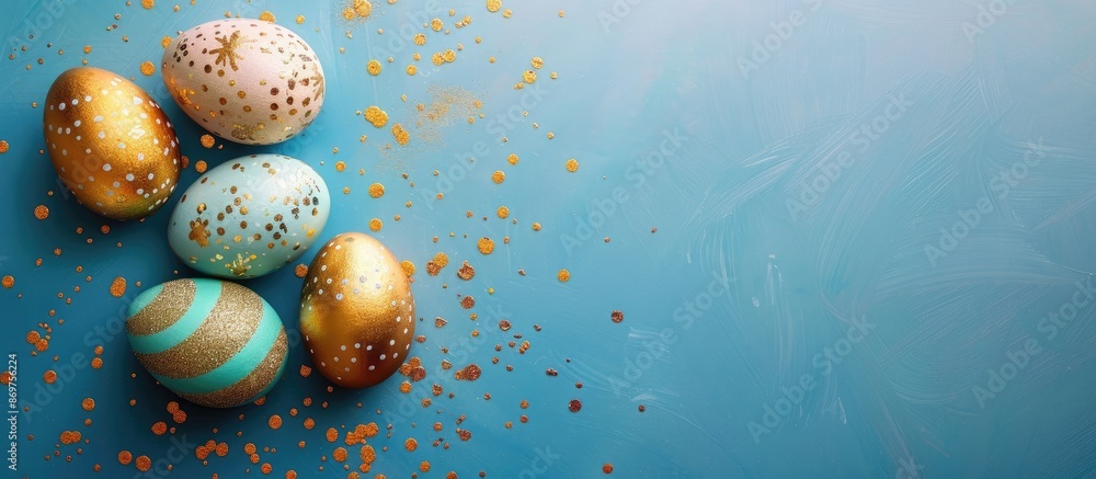 Poster top view of easter eggs adorned with golden paint on colored background, ideal for adding text in co