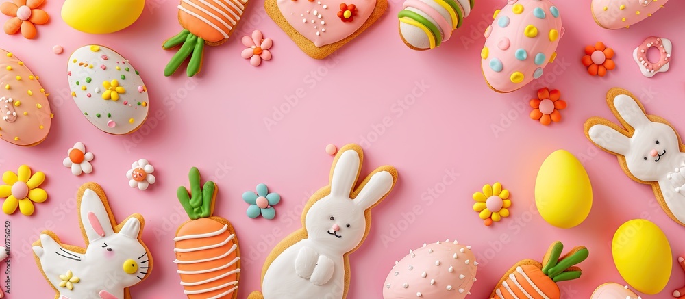 Poster mock-up easter greeting card featuring vibrant artistic elements like rabbits, eggs, chickens, and c