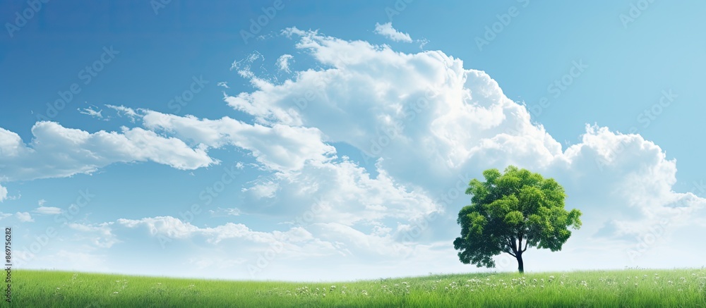 Poster A small white cloud drifts in the gap between two lush green trees against a blue sky, creating a serene scene with copy space image.