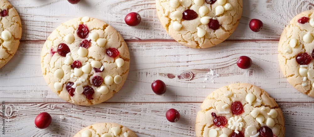 Poster white chocolate cranberry cookies arranged on a white wood surface for the christmas holiday; ideal 