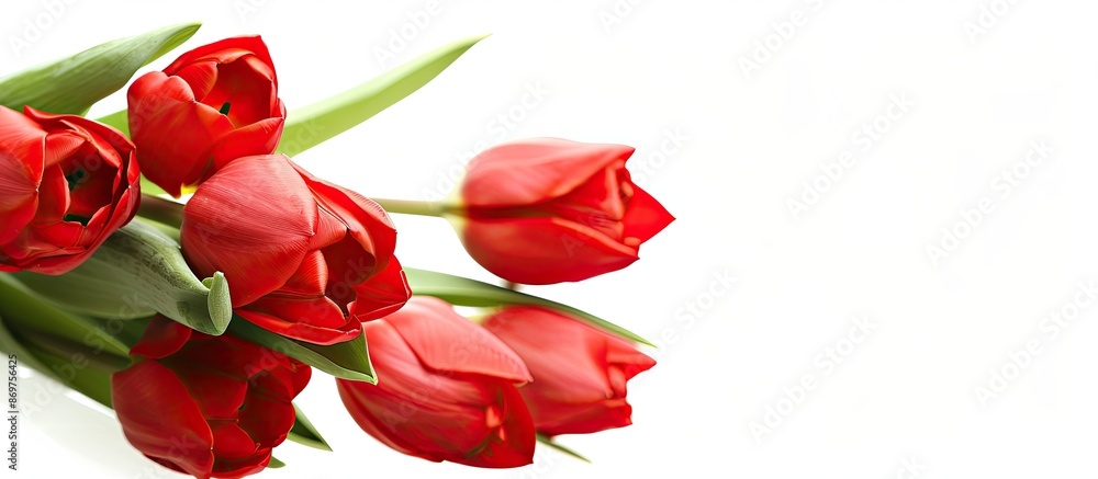 Aufkleber Spring flowers in a red tulip bouquet isolated on a white background suitable for a greeting card design with copy space image for congratulations or invitations.