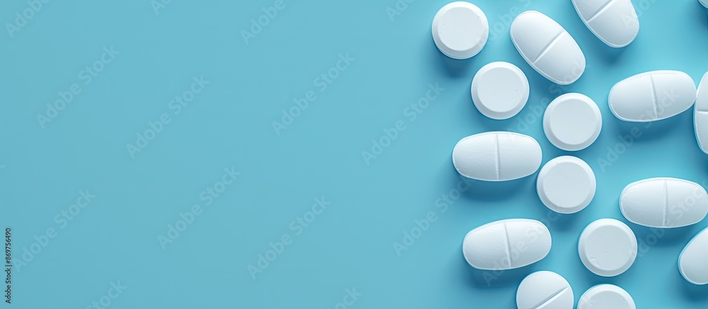 Poster top-down macro view of several white medical pills on a blue backdrop, providing ample copy space fo