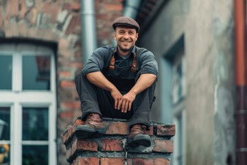 Young smiling chimney sweep sitting atop a brick chimney after work