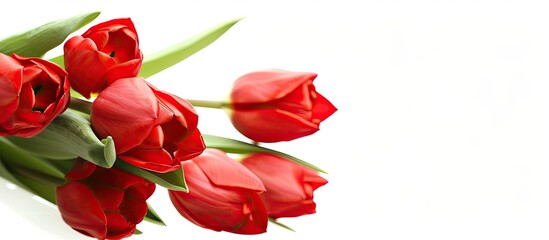 Obraz premium Spring flowers in a red tulip bouquet isolated on a white background suitable for a greeting card design with copy space image for congratulations or invitations.