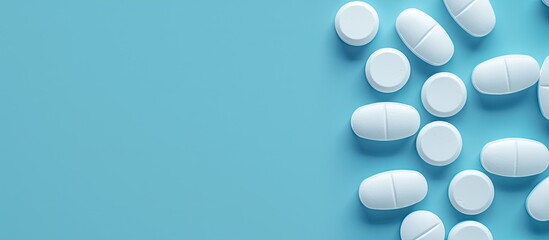 Top-down macro view of several white medical pills on a blue backdrop, providing ample copy space for text or design.
