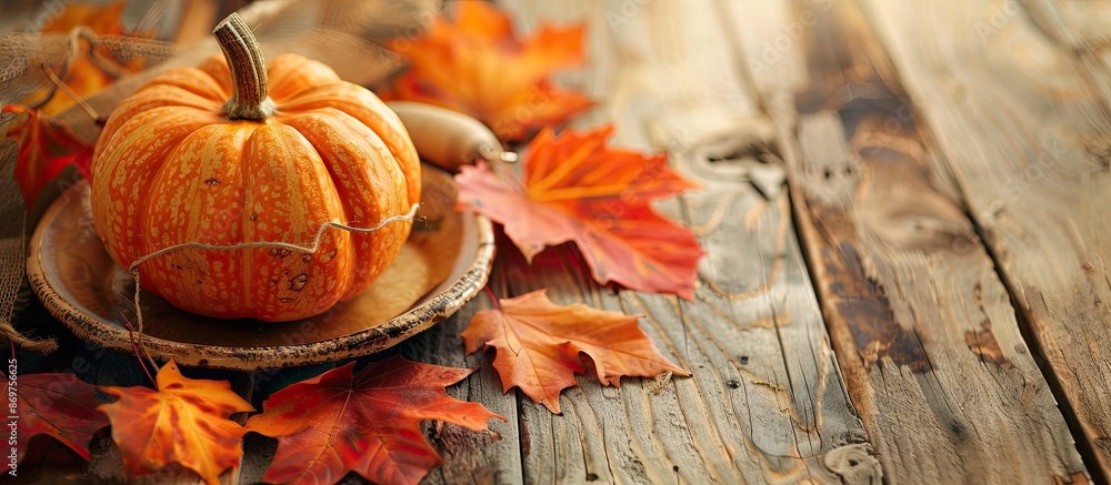 Aufkleber a cozy autumn-themed composition with a table setting, a pumpkin, and fall foliage on a rustic woode