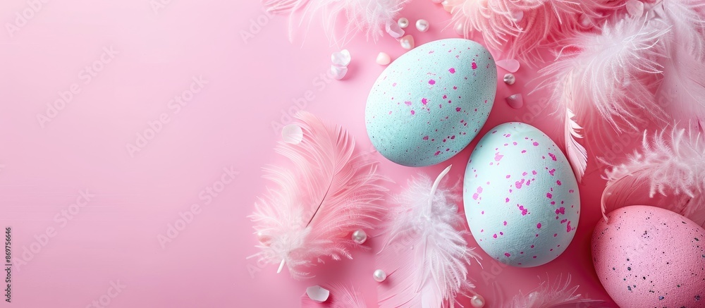 Poster Top view of Easter eggs adorned with feathers, displayed on a pink backdrop, with copy space image available.