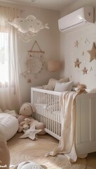 Cozy Nursery with Air Conditioner, Neutral Tones, Crib, and Plush Toys for Baby Comfort