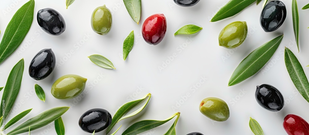 Aufkleber A flat lay design template featuring black, green, and red olives of different sizes captured from a top view, ideal for including text with copy space image.