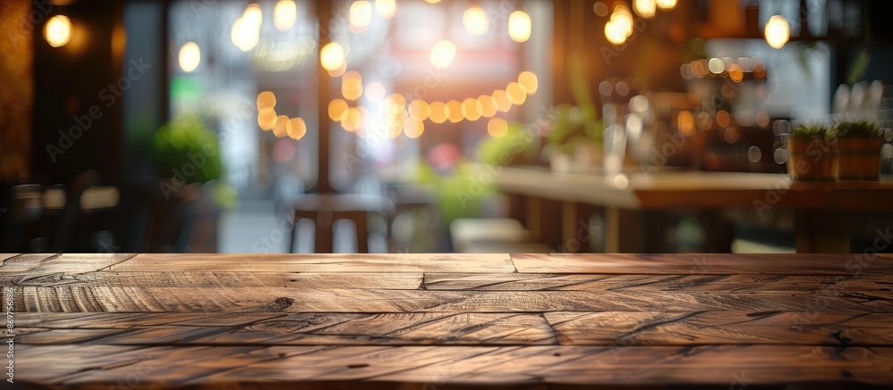 Aufkleber a wooden table set against a blurred cafe backdrop, suitable for showcasing products through a copy 