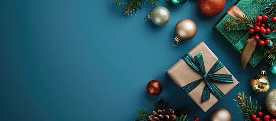 An overhead view of Christmas ornaments, a gift box, and a colored background with ample room for text or images. Ideal for Christmas or New Year themes.
