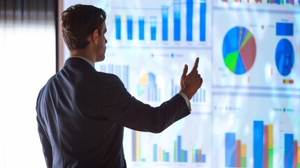 Business professional analyzing data on a digital screen with charts and graphs, presenting statistical information in a corporate setting.
