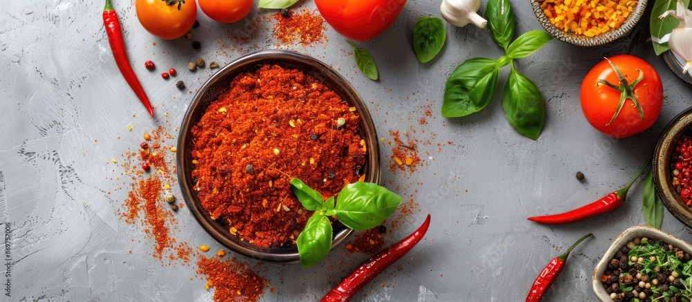 Poster on a grey table, a dish of paprika surrounded by ingredients, with copy space for adding text to the