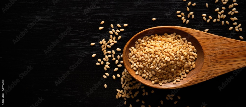Poster toasted organic sesame seeds in a wooden spoon on a black background. close-up, top view flat lay wi