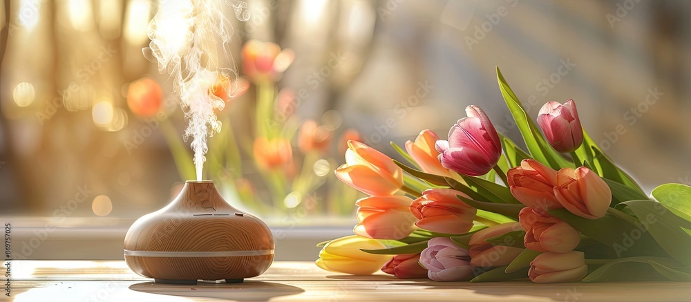Poster A beautiful spring bouquet of tulips on a table with an aroma oil diffuser lamp, set against a blurred background providing a serene ambiance. Includes copy space image.
