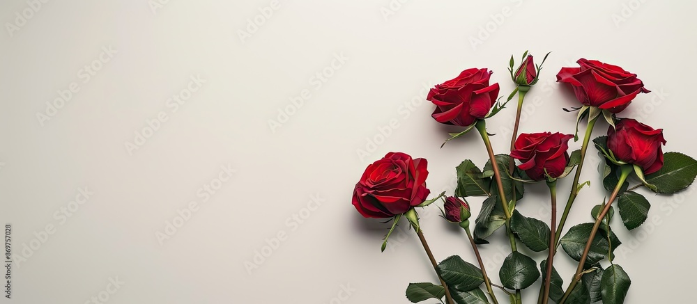 Poster displaying a stunning red rose bouquet against a white backdrop with ample copy space image for vale