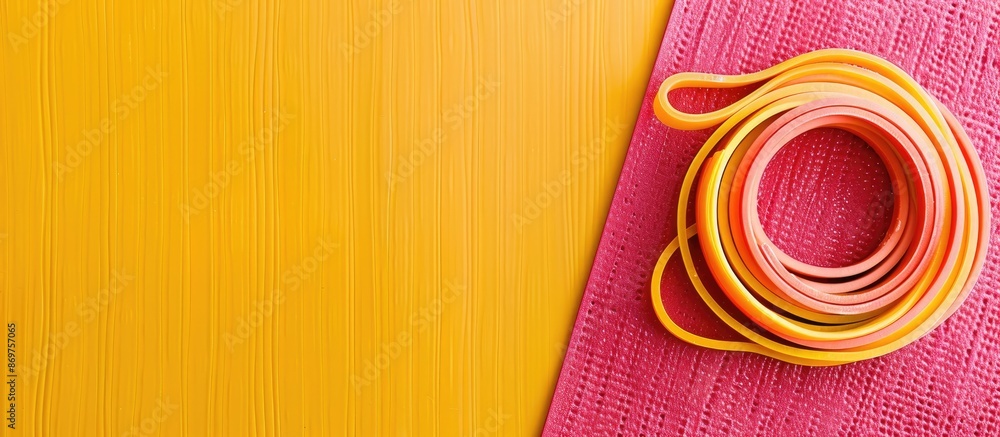 Poster Aerial perspective of a rubber band on a pink exercise mat against a yellow backdrop with empty space for adding an image.