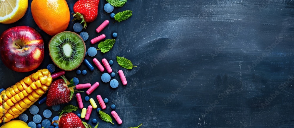 Poster Chalkboard with pills and fruits, creating a vibrant arrangement with copy space image.