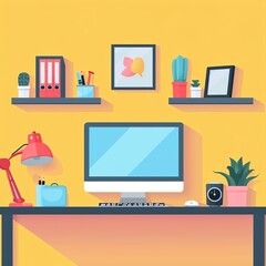 Modern workspace setup with computer, lamp, plants, and office supplies on a desk against a yellow wall with shelves.