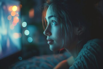 Young woman watching TV in a dark room, captivated by screen light. Cozy atmosphere with bokeh lights in the background.