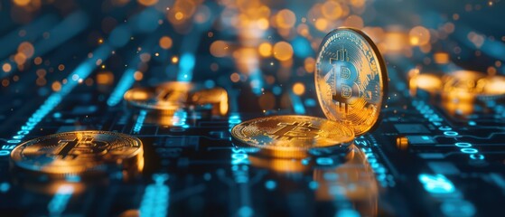 Hightech gold coins embedded with digital IDs allow citizens to access exclusive areas and services within a smart city, blending luxury with innovation, with copy space