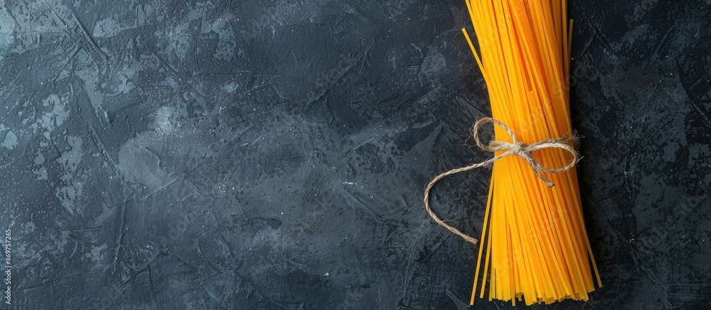 Poster top view of yellow raw spaghetti bolognese on a black concrete background, emphasizing italian food 