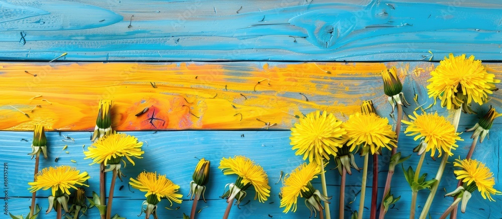 Aufkleber dandelions in yellow on colorful wooden backdrop with copy space image.