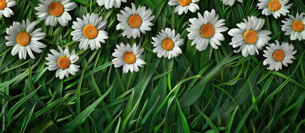Poster close-up of vibrant daisy flowers set against a verdant grass backdrop, featuring ample copy space f