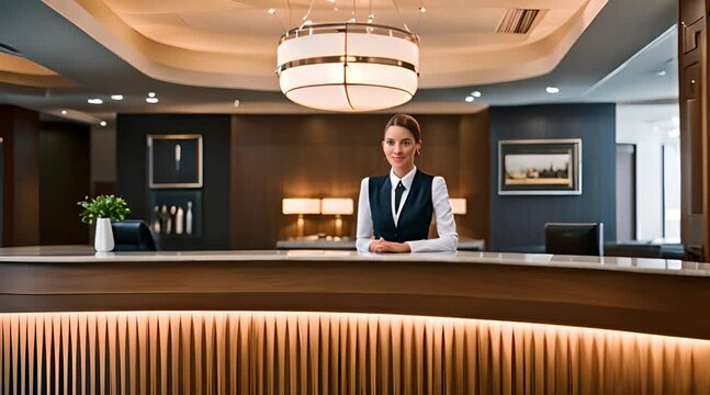 Smile Receptionist welcome at hotel front desk