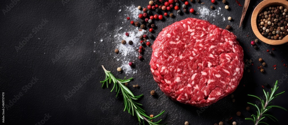 Poster raw beef burger patty seasoned for cooking with a minced red meat cooking background in a top view c