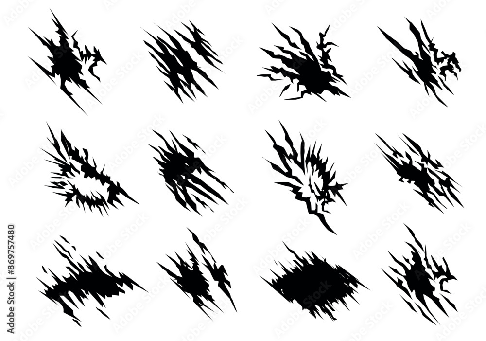 Poster set of torn-effect abstract shapes in flat cartoon design. a series of black spots in the form of cu