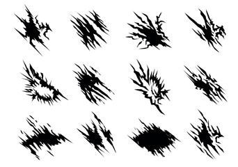 Set of torn-effect abstract shapes in flat cartoon design. A series of black spots in the form of cuts and scuffs in a monochrome style. Vector illustration.