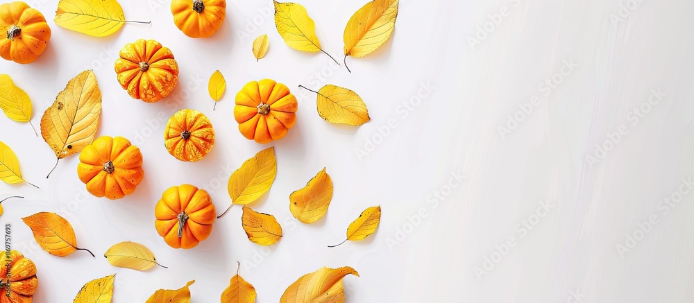 Poster creative autumn-themed layout with small pumpkins and yellow leaves on a white background, top view 