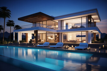 Fototapeta premium Modern Home with Poolside Decor, high resolution, eye-level shot, volumetric lighting. Generative AI tools