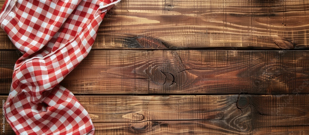 Poster wooden table topped with a red checkered napkin or tablecloth, offering copy space for your personal