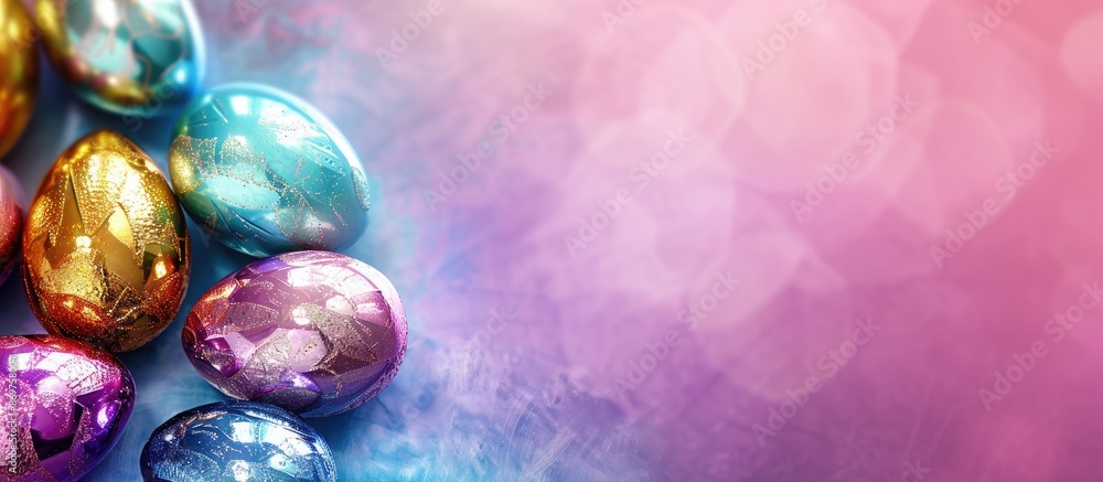 Poster Colorful Easter eggs in shiny foil arranged on a background with empty space for text or design, ideal for advertisements or festive themes.