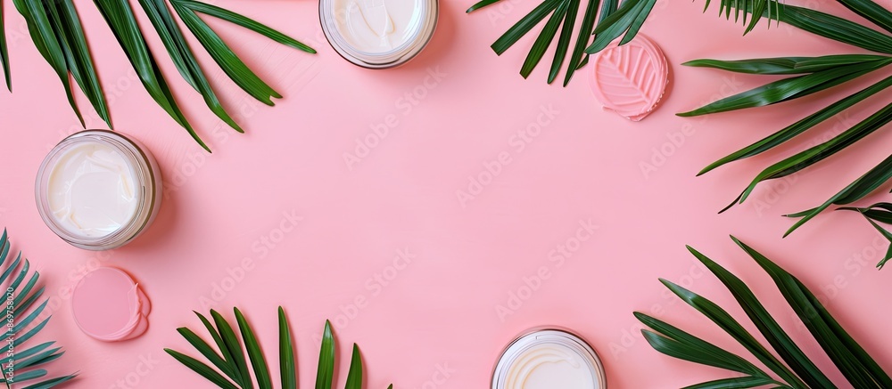Poster top view of vegan wax frame border on a pink background with copy space image for design or text, cr