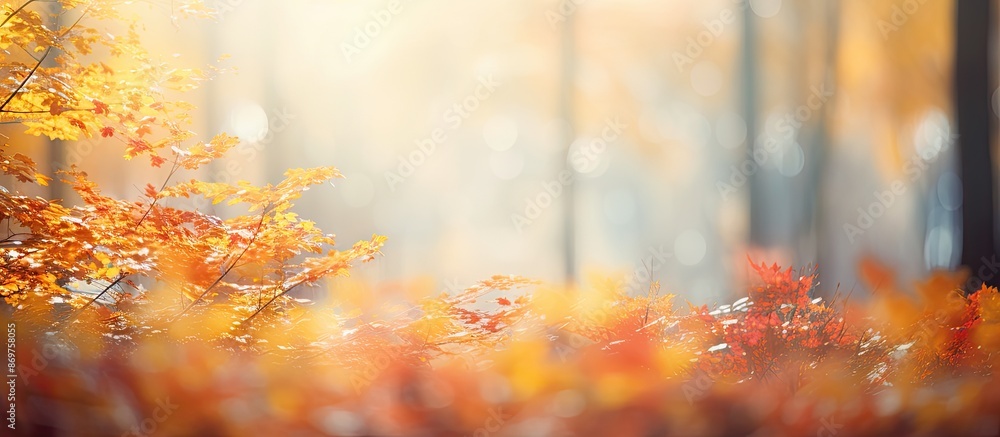 Aufkleber vivid autumn forest scenery with sunlight filtering through trees, creating an abstract blur effect.