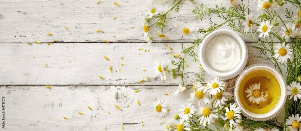 Poster chamomile flower beauty product samples displayed on a white wooden table with copy space image.