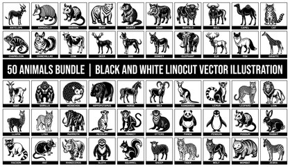 Set of 50 Stunning Black and white wildlife Animals Bundle Vector Illustration. Dog, Cat, Elephant, Lion, Tiger, Bear, Horse, Rabbit, Deer, Fox and Monkey collection