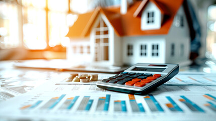 Close-up of a calculator and financial charts with a model house, representing real estate investment analysis and business finance management.