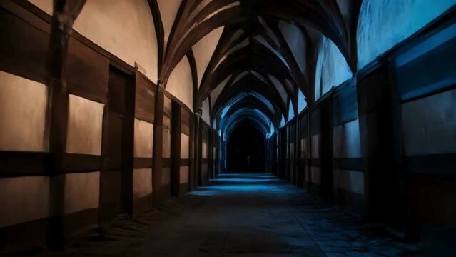 Dark corridor of old castle. Spooky castle with Doors and a long corridor
