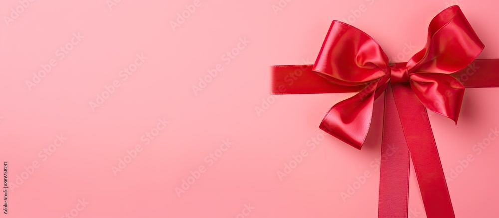 Poster A red rolled ribbon with a bow isolated on colorful background, seen from above. Flat lay style with copy space image.