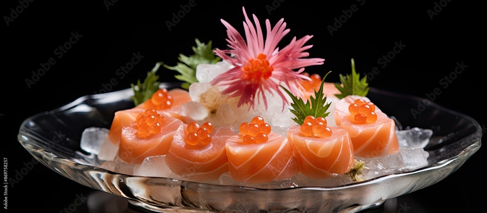 Aufkleber japanese-style presentation of salmon sashimi on a flower-shaped ice bowl boat, isolated against a b
