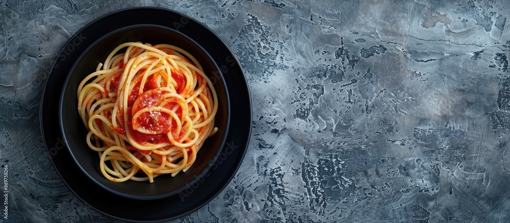 Poster Top-down view of pasta, spaghetti with tomato sauce presented in a black bowl on a grey stone background, creating a striking copy space image.