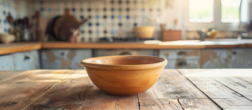 A wooden table showcasing an empty clay bowl, with ample copy space image for product display on a kitchen countertop.