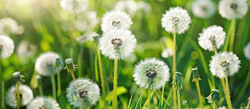 Poster a close-up image of square dandelions with white flowers and vibrant green stems on a sunny day prov