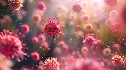3D render of a medical with virus cells bacteria. Multiple realistic coronavirus particles floating design